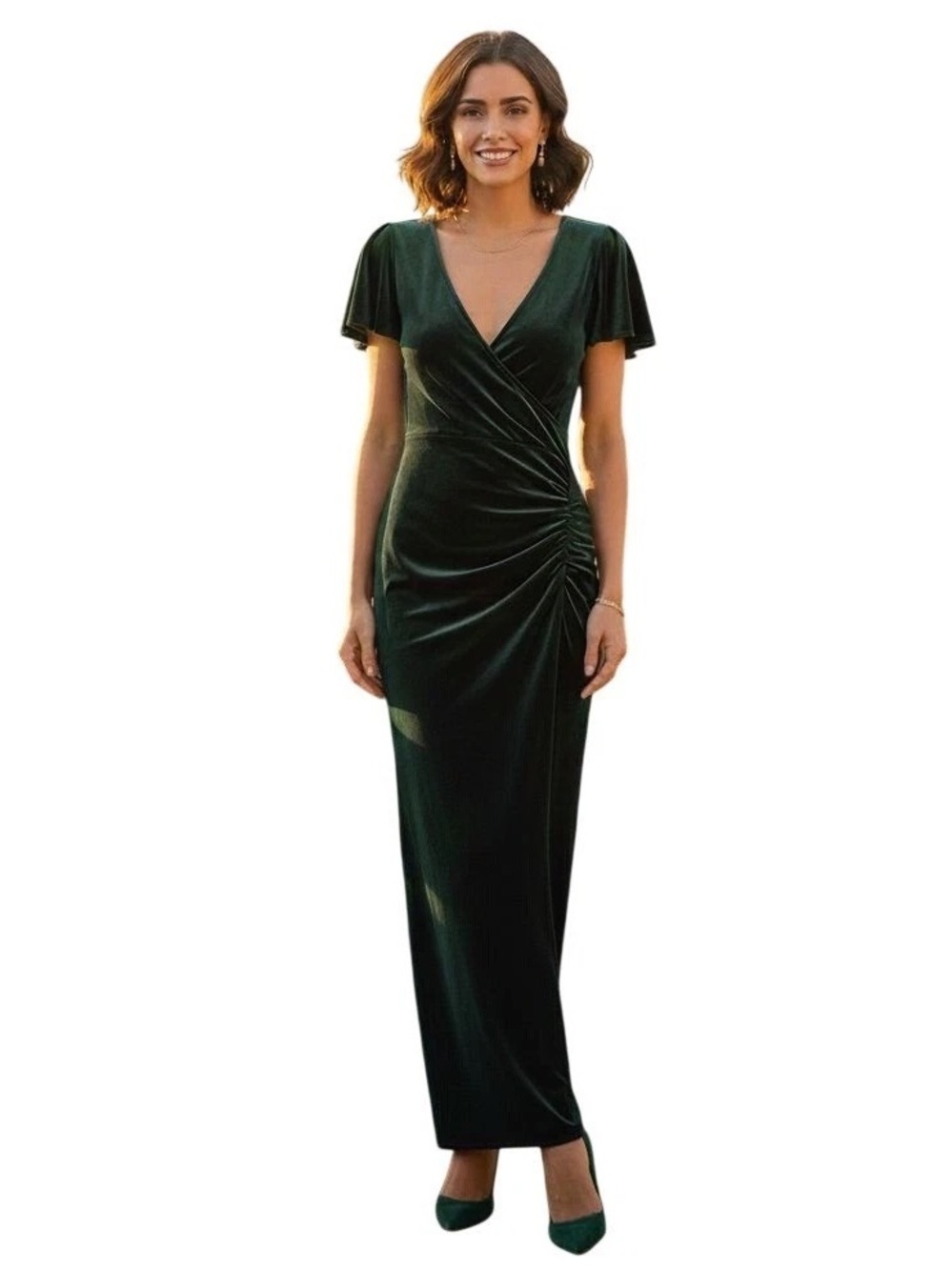Baltic Born Anne Ruched Velvet Dress, Deep Green, Size S